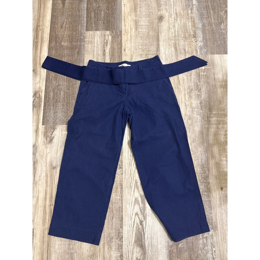 Vineyard Vines Womens Navy Blue Linen Blend Wide Leg Crop Pants with Belt Size 2